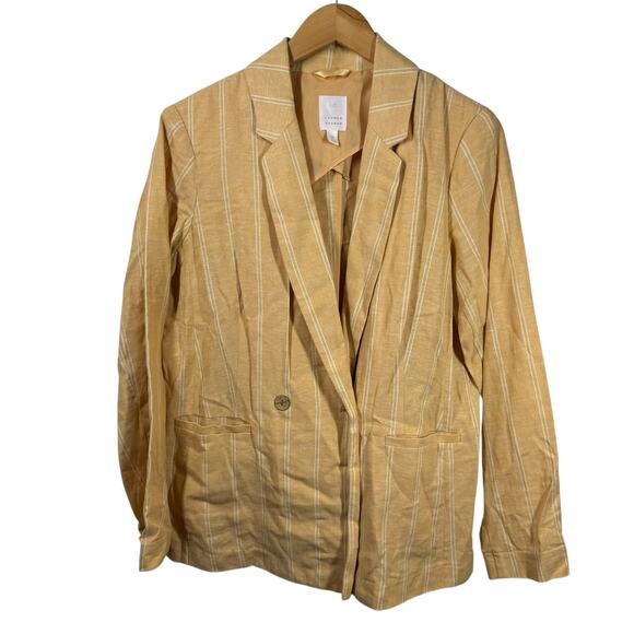 Lauren Conrad Linen Blazer Women M Yellow Golden White Stripe Spring Feminine - Picture 1 of 8
